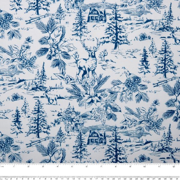 Winter Toile Print - Firs   Poinsettia - Blue Supply