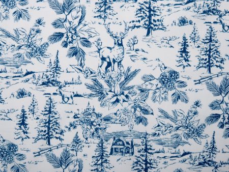 Winter Toile Print - Firs   Poinsettia - Blue Supply