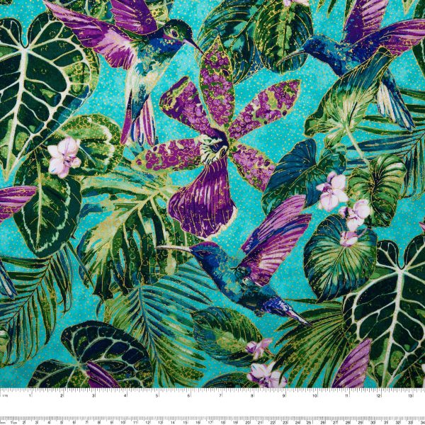 ULTIMATE - Cotton print - Hummingbird - Turquoise For Sale