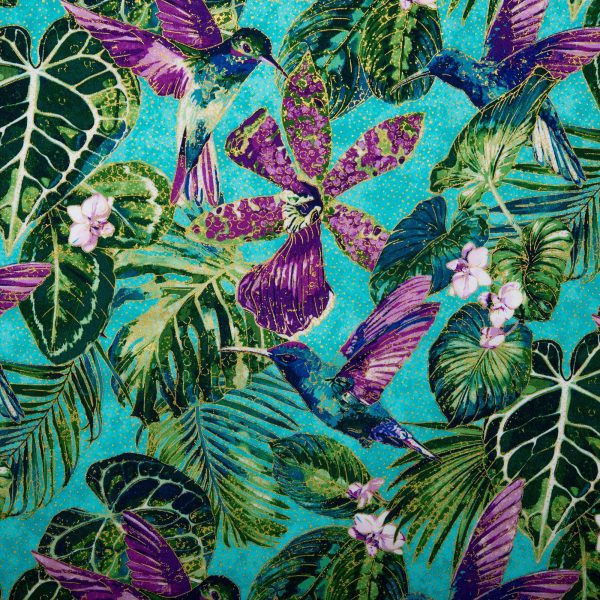 ULTIMATE - Cotton print - Hummingbird - Turquoise For Sale