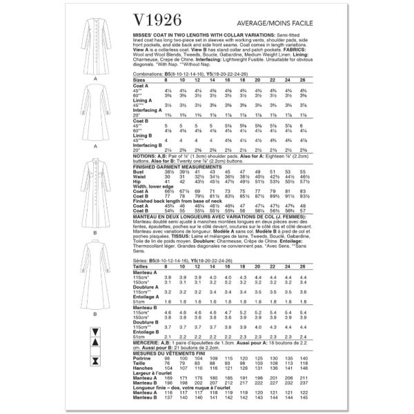 V1926 Misses  Coat in Two Lengths with Collar Variations Supply